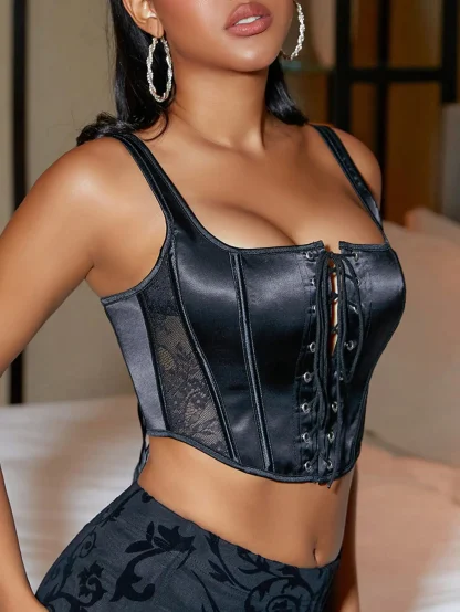 Black Lace-up Front Bustier Top