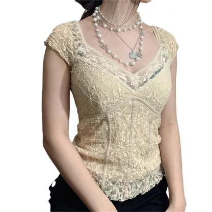 Solid V-neck Lace Corset Top - Image 2