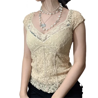 Solid V-neck Lace Corset Top