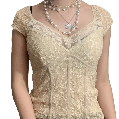 Solid V-neck Lace Corset Top - Image 3