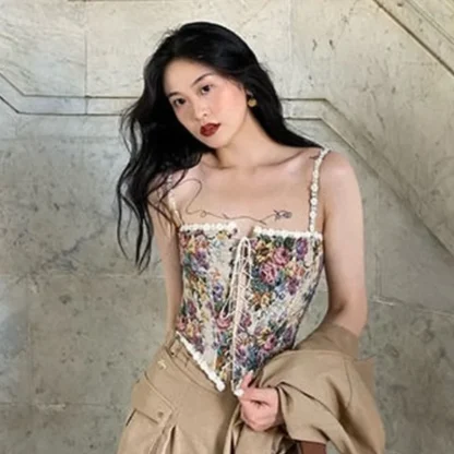 Retro Floral Lace-up Corset Top - Image 2