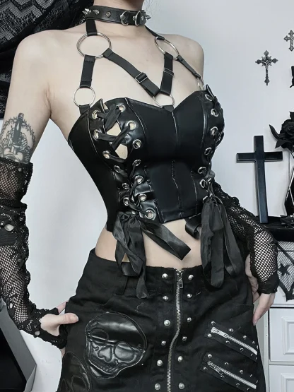 Lace-up Halter Black Bustier Top - Image 3