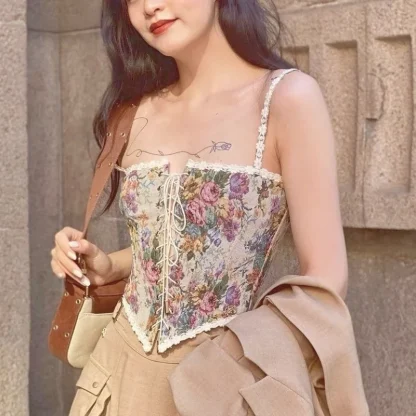 Retro Floral Lace-up Corset Top - Image 4