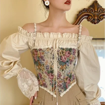 Retro Floral Lace-up Corset Top - Image 6