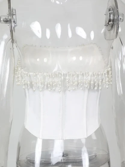 White Tassel Beads Bustier Top - Image 6