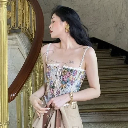 Retro Floral Lace-up Corset Top - Image 3