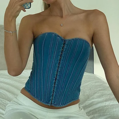 Denim Strapless Corset Top - Image 3