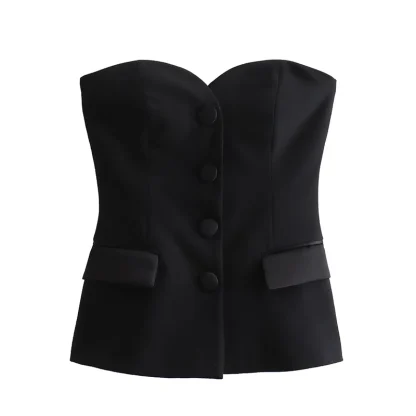 Buttoned Strapless Black Corset Top