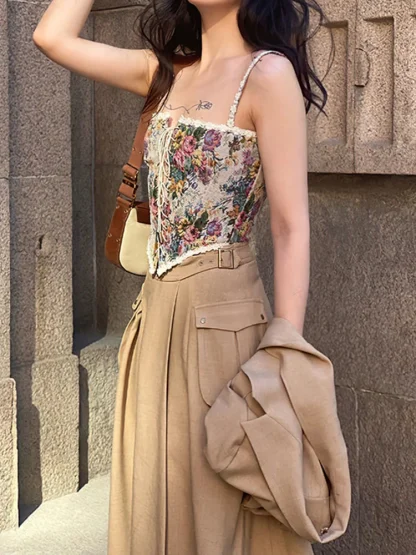 Retro Floral Lace-up Corset Top - Image 5