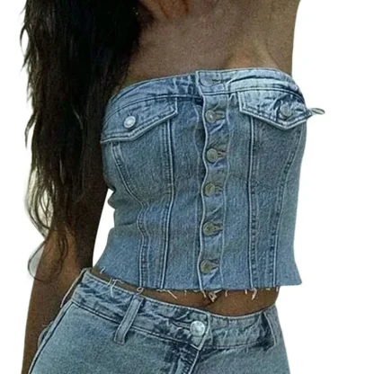 Strapless Button Denim Corset Top