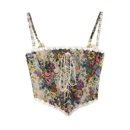 Retro Floral Lace-up Corset Top