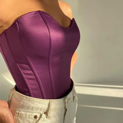 Shiny Solid Strapless Bustier Tops - Image 3