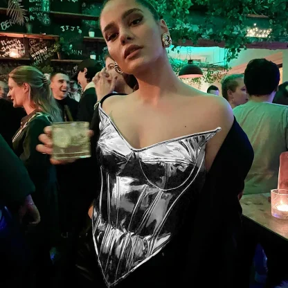 Metallic V-neck Corset Top - Image 4