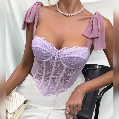 Sheer Lace Tie-up Strap Corset Top - Image 5