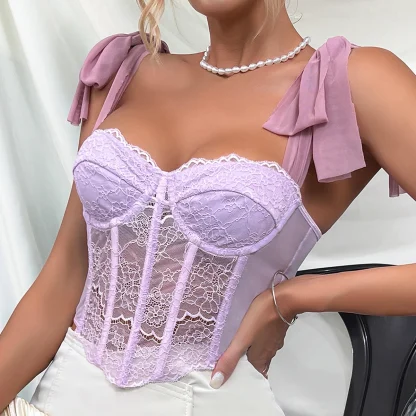 Sheer Lace Tie-up Strap Corset Top
