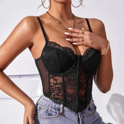 V-neck Sheer Lace Bustier Tops - Image 3
